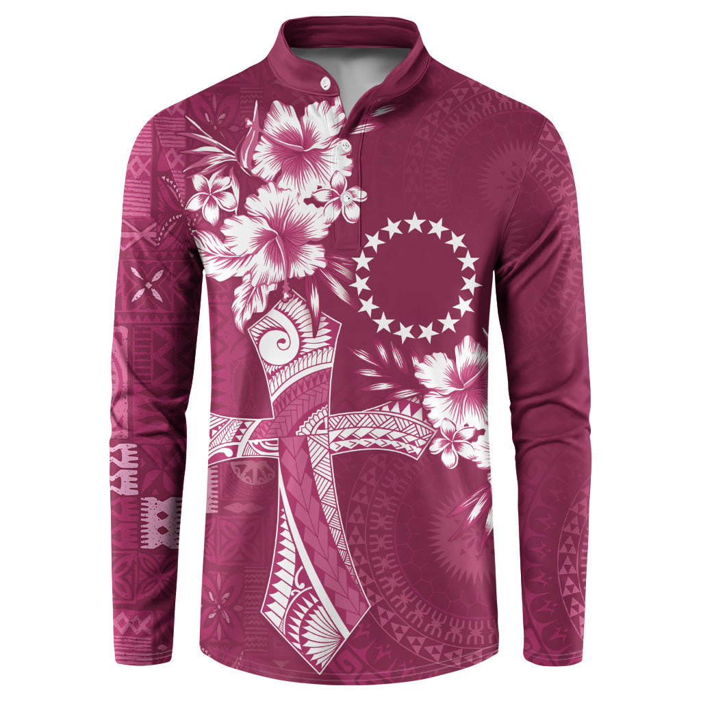 Kia Orana Cook Islands Tapa Floral With Cross Button Sweatshirt Maroon