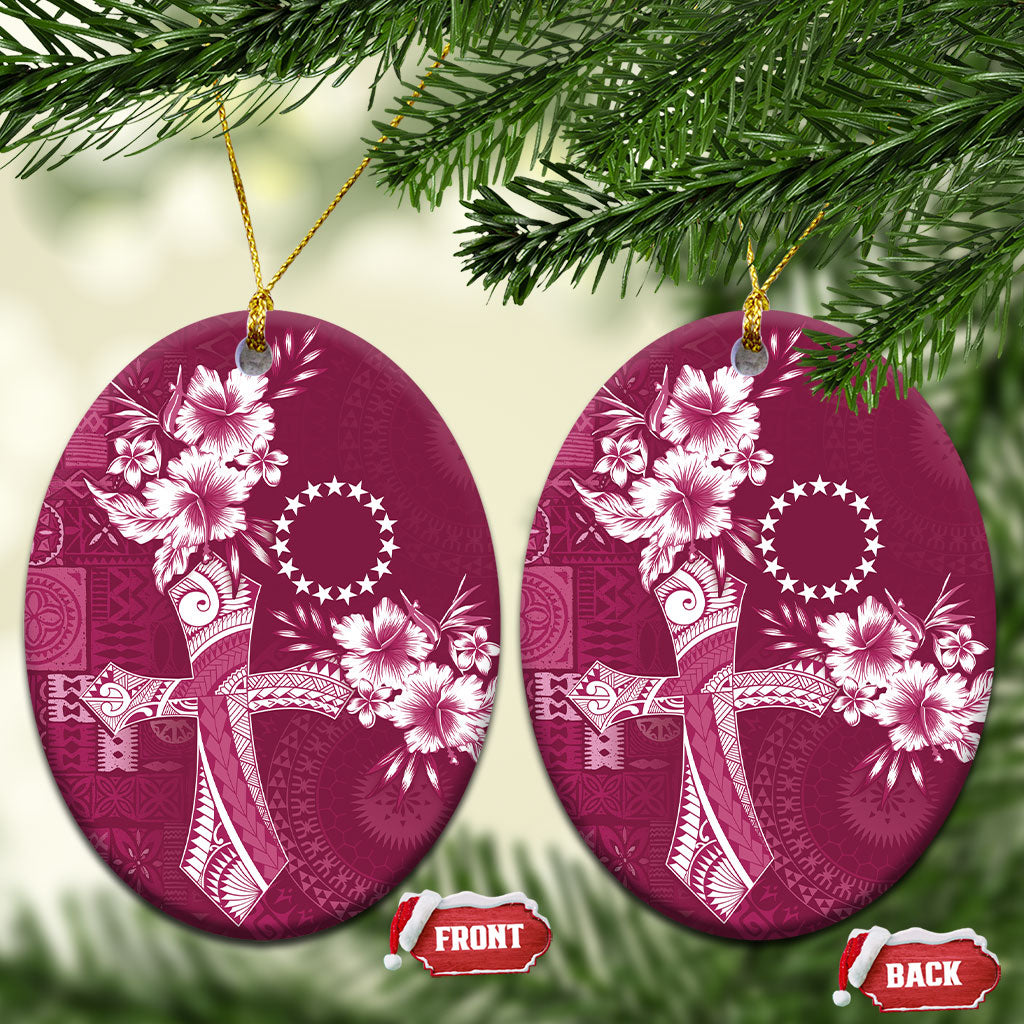 Kia Orana Cook Islands Tapa Floral With Cross Ceramic Ornament Maroon LT7 Oval Maroon - Polynesian Pride
