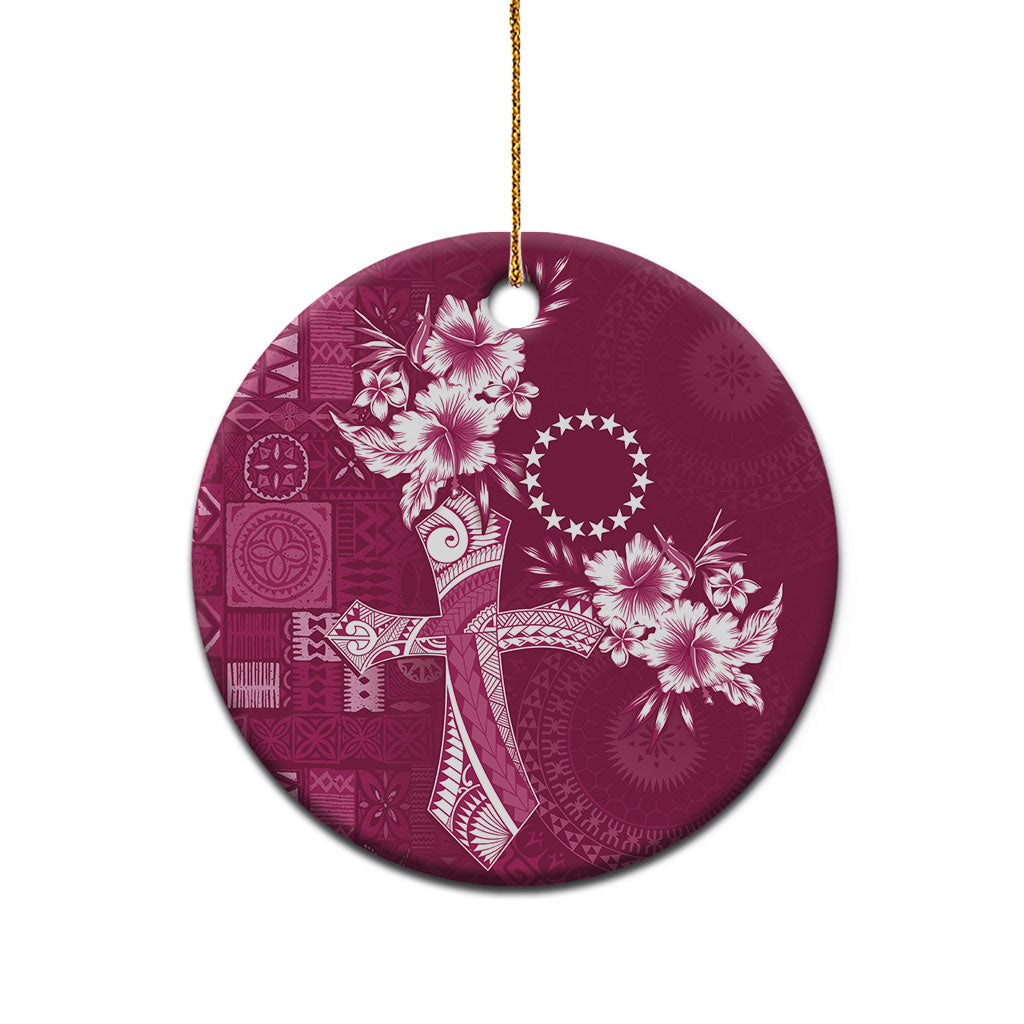 Kia Orana Cook Islands Tapa Floral With Cross Ceramic Ornament Maroon LT7 - Polynesian Pride