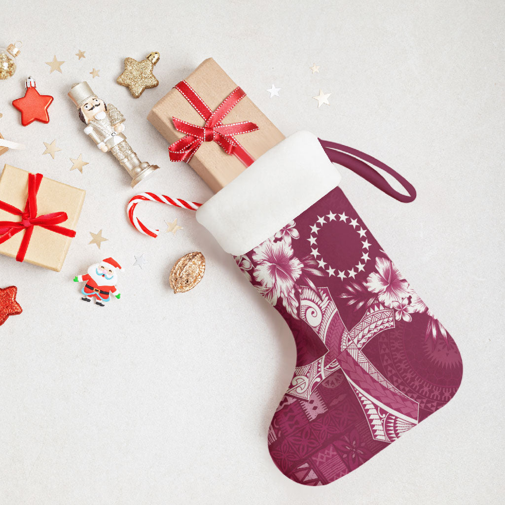 Kia Orana Cook Islands Tapa Floral With Cross Christmas Stocking Maroon LT7 - Polynesian Pride