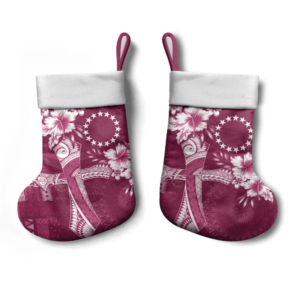 Kia Orana Cook Islands Tapa Floral With Cross Christmas Stocking Maroon LT7 - Polynesian Pride