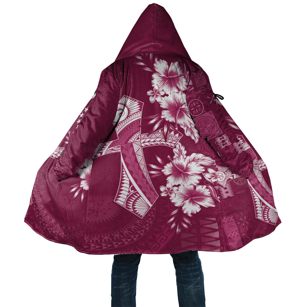 Kia Orana Cook Islands Tapa Floral With Cross Cloak Maroon LT7 Unisex Maroon - Polynesian Pride