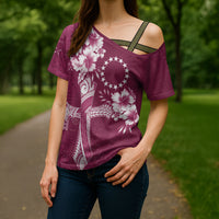 Kia Orana Cook Islands Tapa Floral With Cross Cross Shoulder Shirt Maroon LT7 - Polynesian Pride