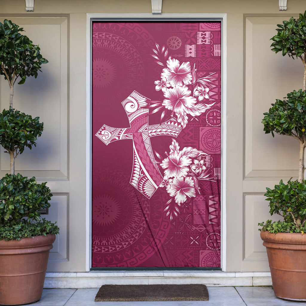 Kia Orana Cook Islands Tapa Floral With Cross Door Cover Maroon LT7 Maroon - Polynesian Pride
