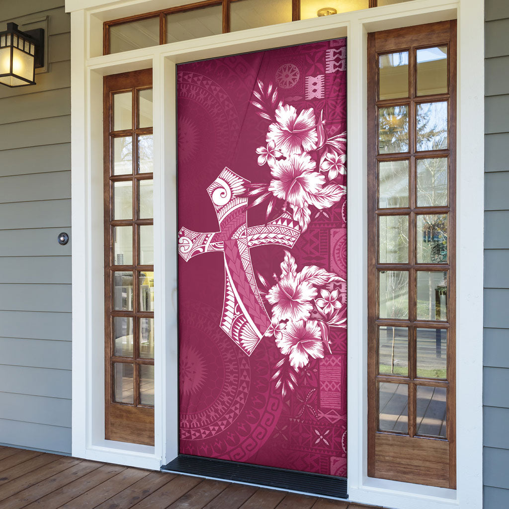 Kia Orana Cook Islands Tapa Floral With Cross Door Cover Maroon LT7 - Polynesian Pride