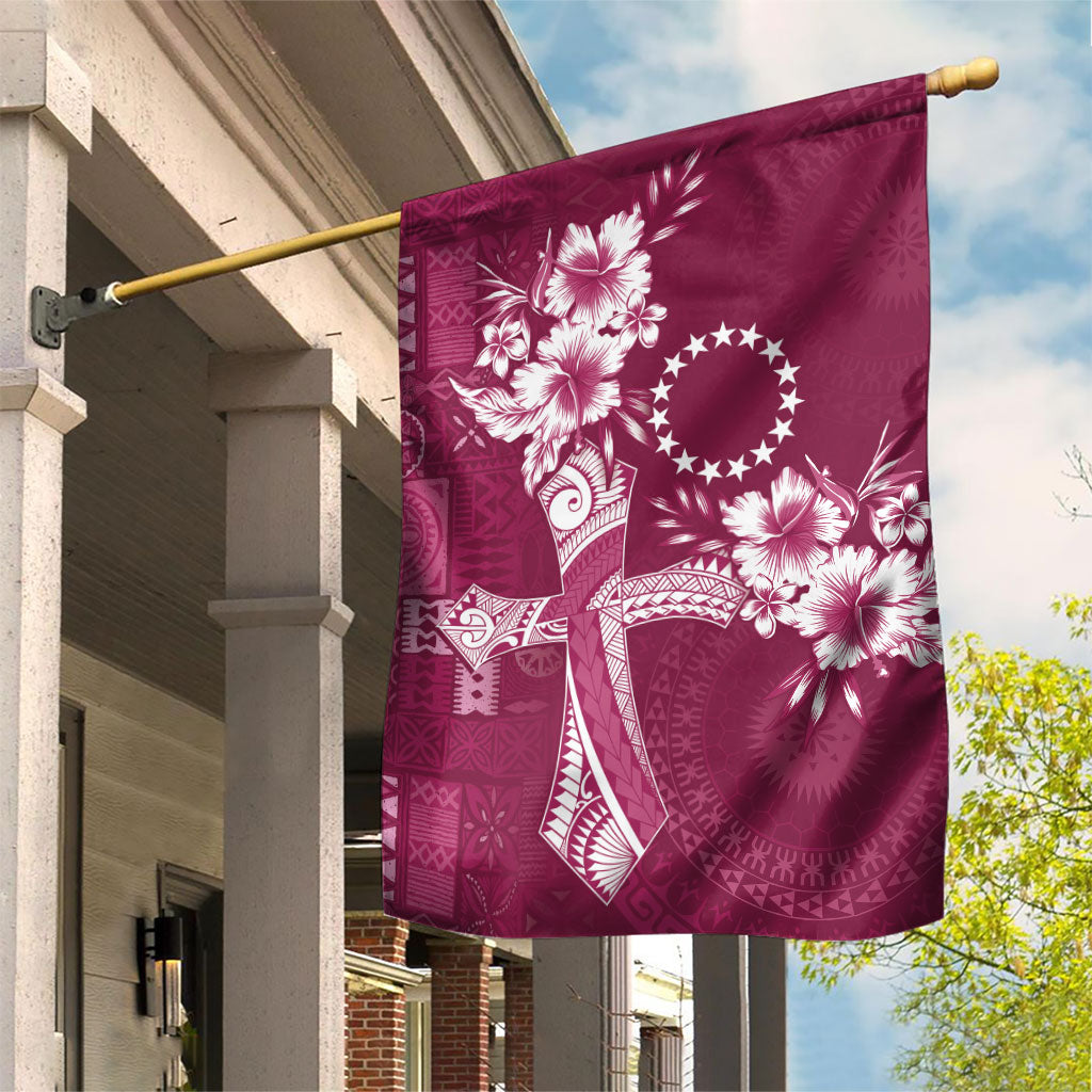 Kia Orana Cook Islands Tapa Floral With Cross Garden Flag Maroon LT7 House Flag Maroon - Polynesian Pride