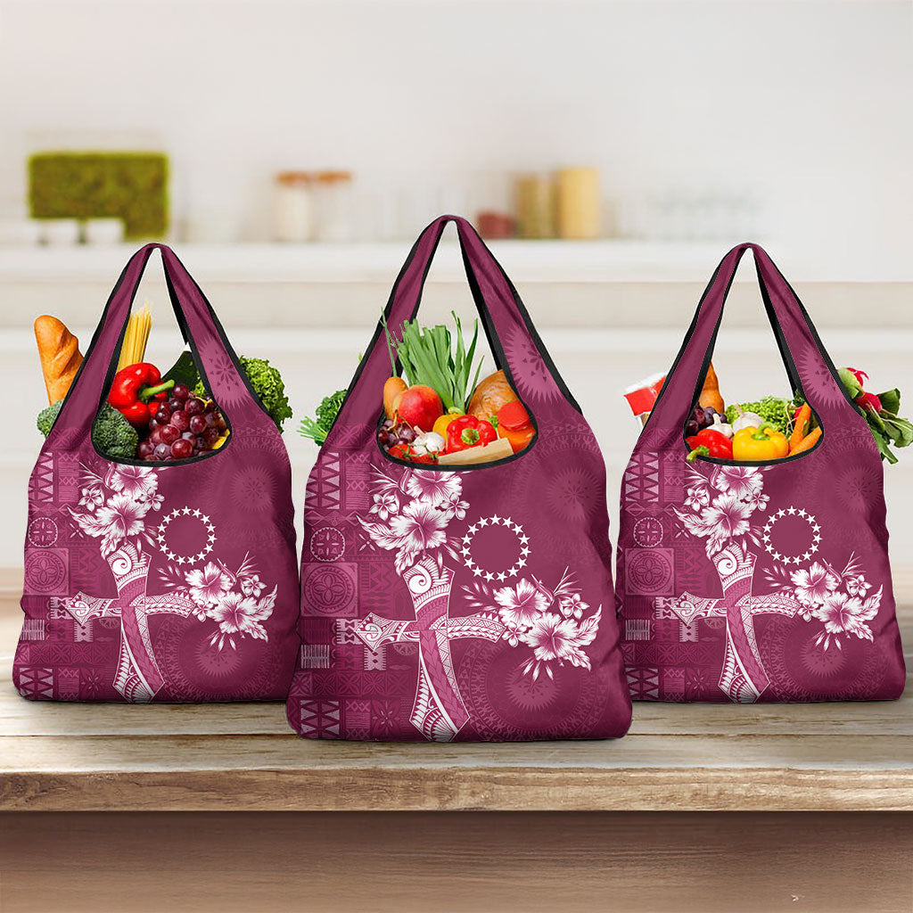 Kia Orana Cook Islands Tapa Floral With Cross Grocery Bag Maroon LT7 3-pack One Size Maroon - Polynesian Pride