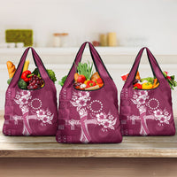 Kia Orana Cook Islands Tapa Floral With Cross Grocery Bag Maroon LT7 3-pack One Size Maroon - Polynesian Pride