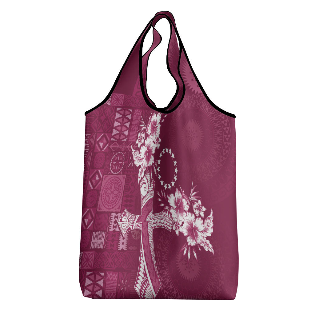 Kia Orana Cook Islands Tapa Floral With Cross Grocery Bag Maroon LT7 - Polynesian Pride