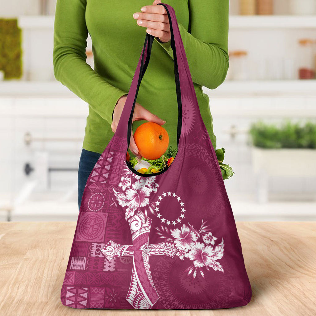 Kia Orana Cook Islands Tapa Floral With Cross Grocery Bag Maroon LT7 - Polynesian Pride