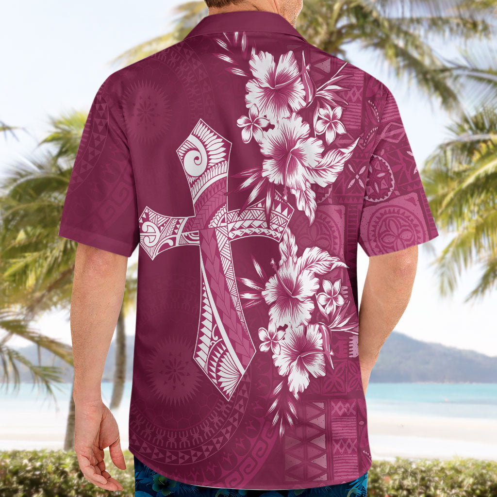Kia Orana Cook Islands Tapa Floral With Cross Hawaiian Shirt Maroon LT7 - Polynesian Pride