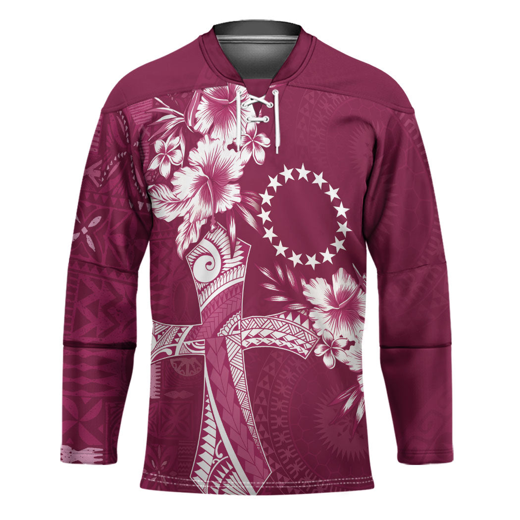 Kia Orana Cook Islands Tapa Floral With Cross Hockey Jersey Maroon LT7 Unisex Maroon - Polynesian Pride