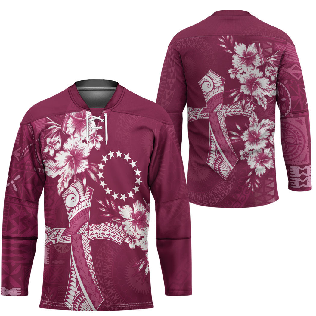Kia Orana Cook Islands Tapa Floral With Cross Hockey Jersey Maroon LT7 - Polynesian Pride