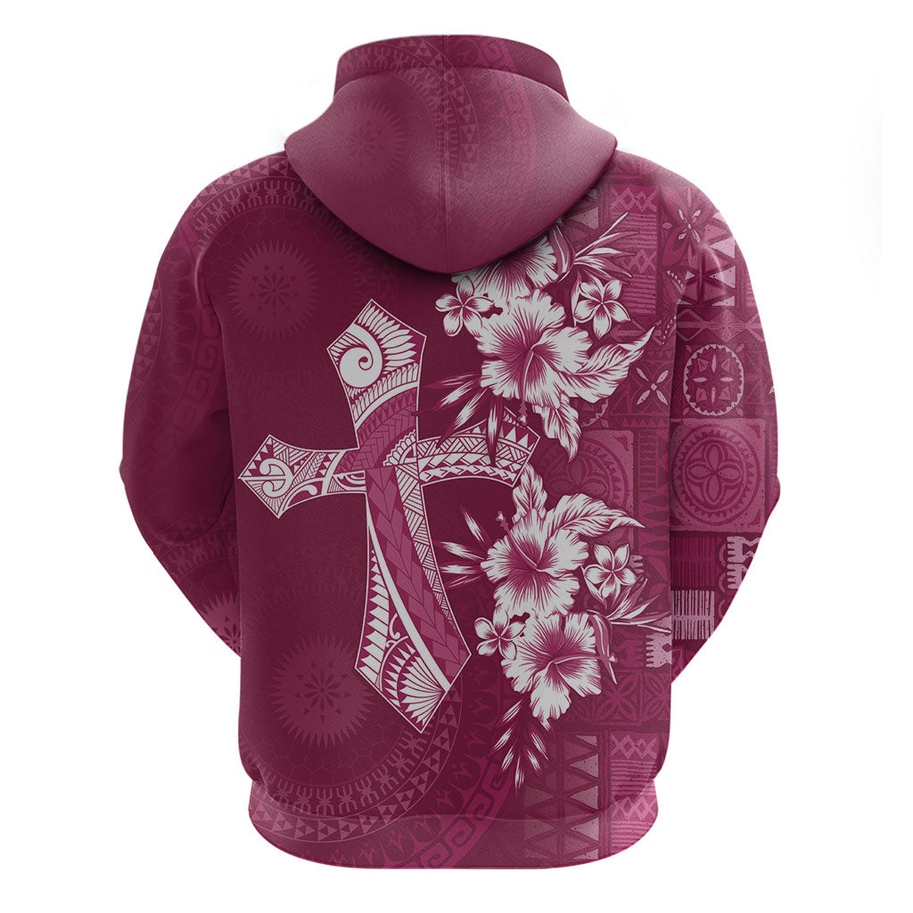 Kia Orana Cook Islands Tapa Floral With Cross Hoodie Maroon LT7 - Polynesian Pride