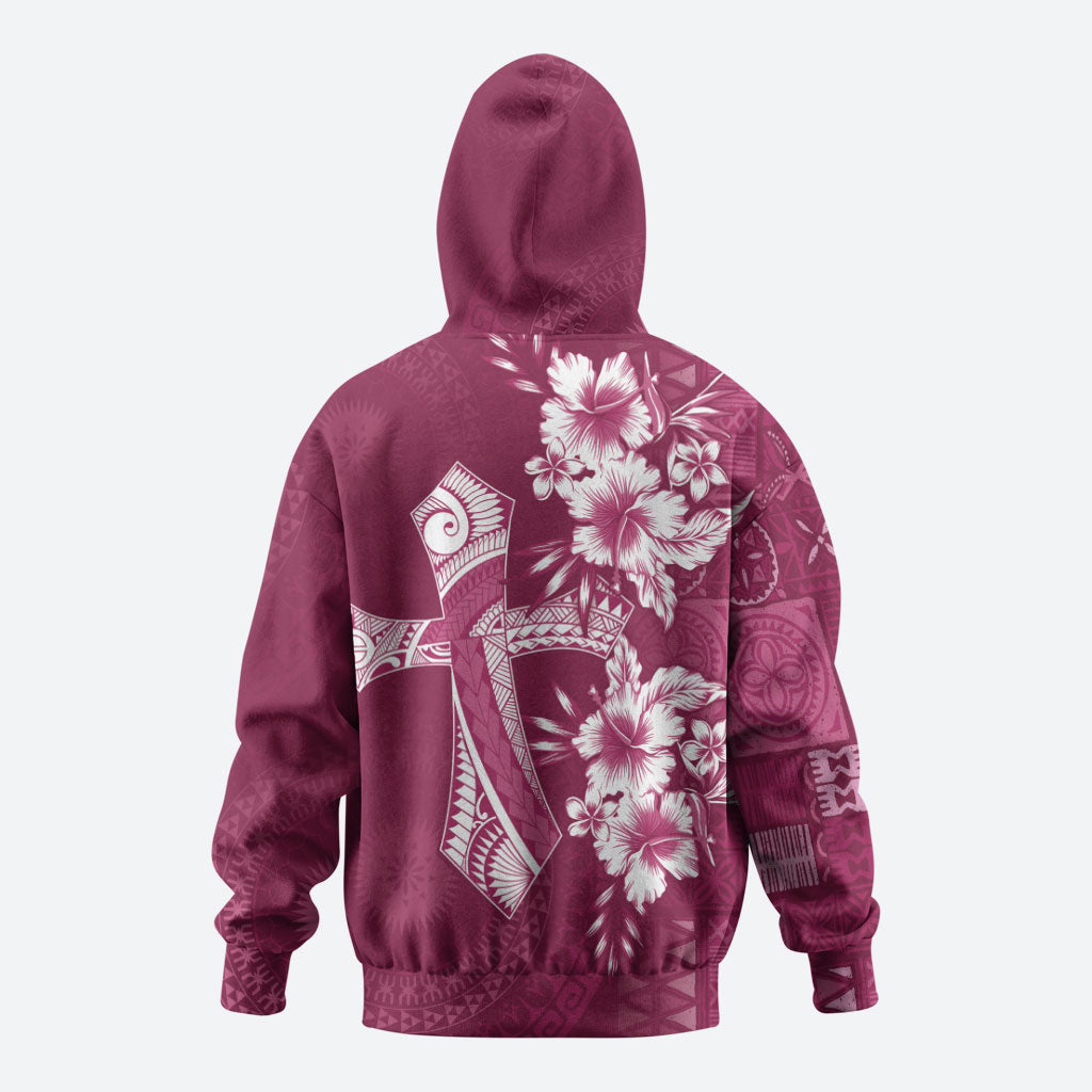 Kia Orana Cook Islands Tapa Floral With Cross Hoodie Maroon LT7 - Polynesian Pride