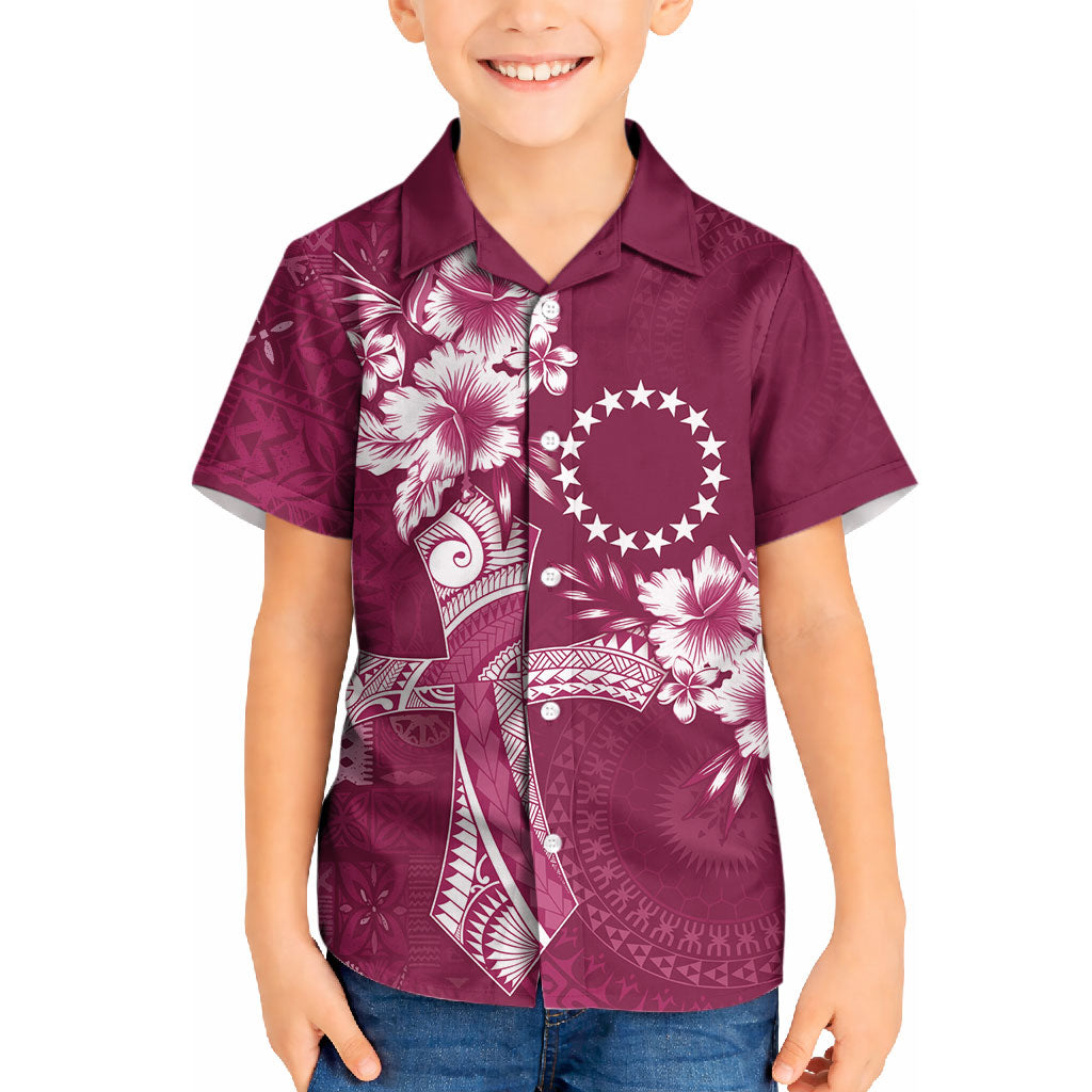 Kia Orana Cook Islands Tapa Floral With Cross Kid Hawaiian Shirt Maroon LT7 Kid Maroon - Polynesian Pride