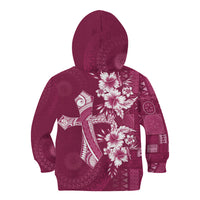 Kia Orana Cook Islands Tapa Floral With Cross Kid Hoodie Maroon LT7 - Polynesian Pride