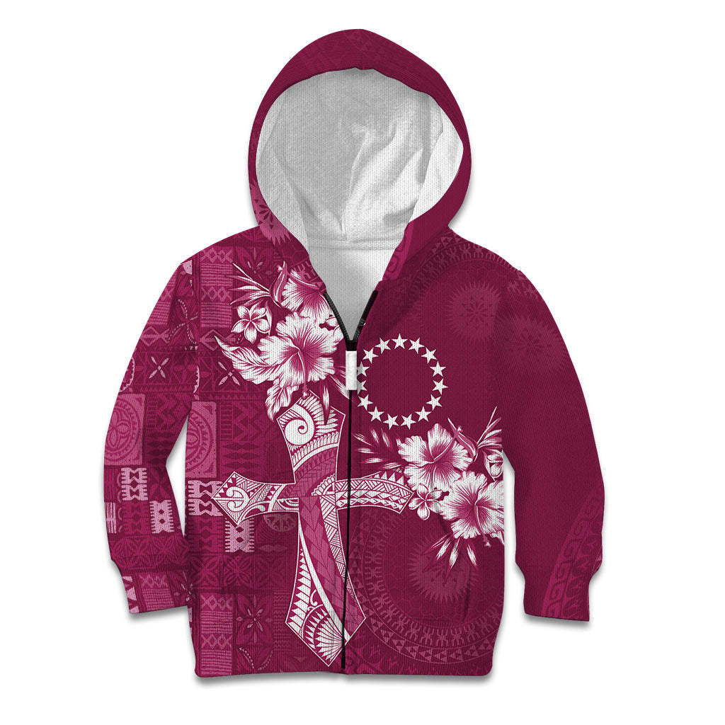 Kia Orana Cook Islands Tapa Floral With Cross Kid Hoodie Maroon LT7 Zip Hoodie Maroon - Polynesian Pride