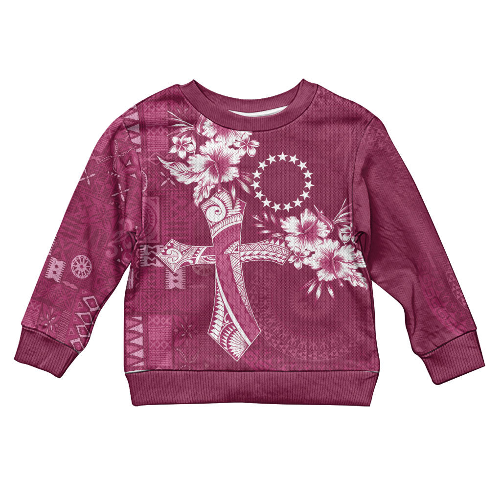Kia Orana Cook Islands Tapa Floral With Cross Kid Ugly Christmas Sweater Maroon LT7 Kid Maroon - Polynesian Pride