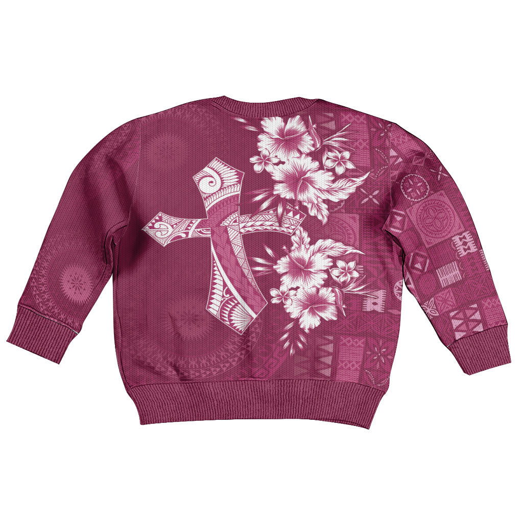 Kia Orana Cook Islands Tapa Floral With Cross Kid Ugly Christmas Sweater Maroon LT7 - Polynesian Pride