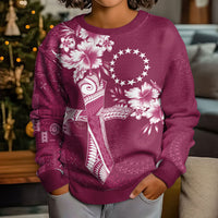 Kia Orana Cook Islands Tapa Floral With Cross Kid Ugly Christmas Sweater Maroon LT7 - Polynesian Pride