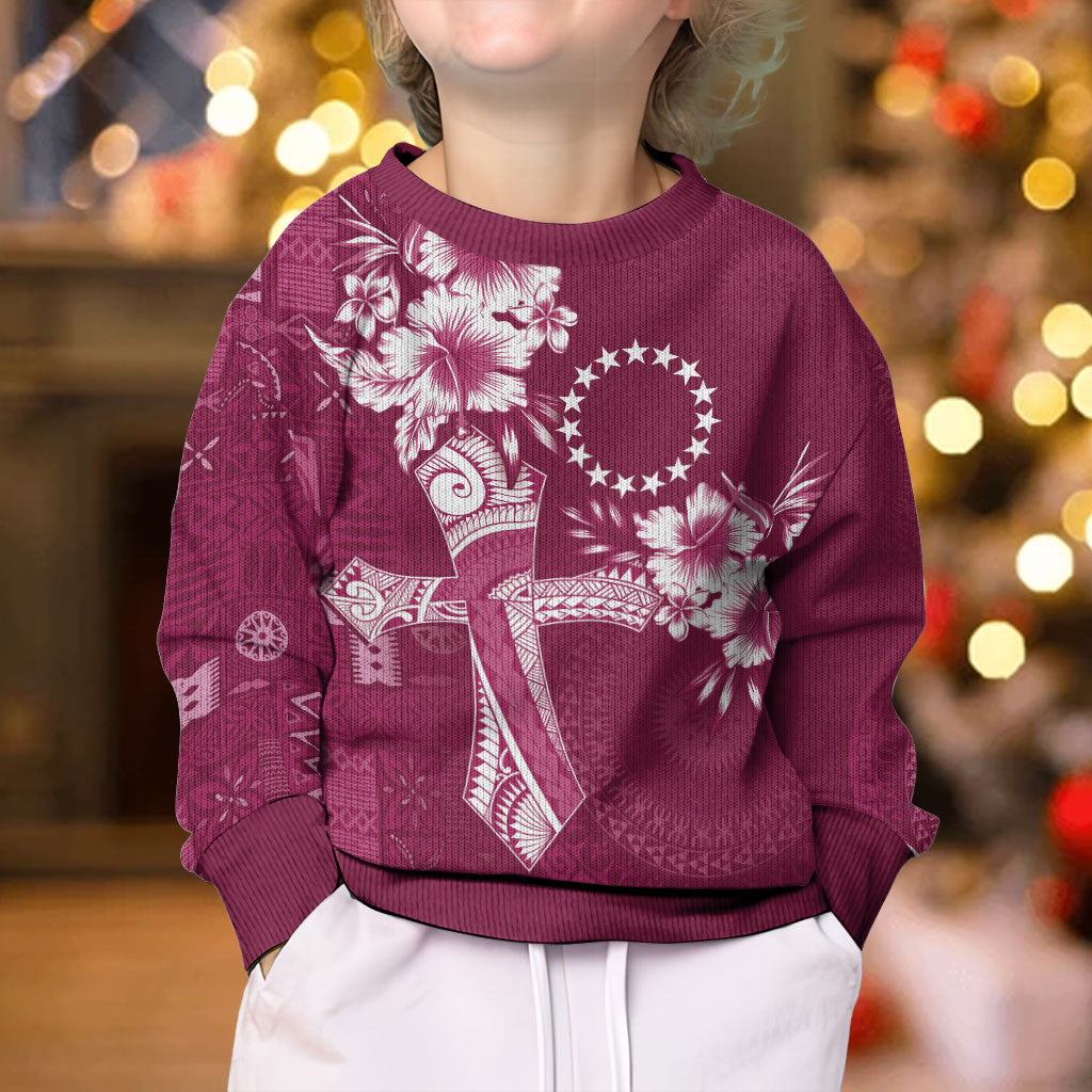 Kia Orana Cook Islands Tapa Floral With Cross Kid Ugly Christmas Sweater Maroon LT7 - Polynesian Pride