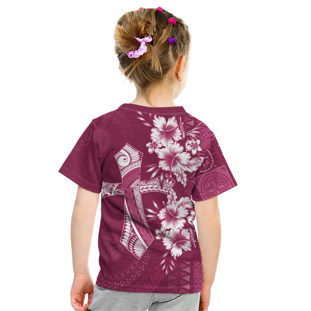 Kia Orana Cook Islands Tapa Floral With Cross Kid T Shirt Maroon LT7 - Polynesian Pride
