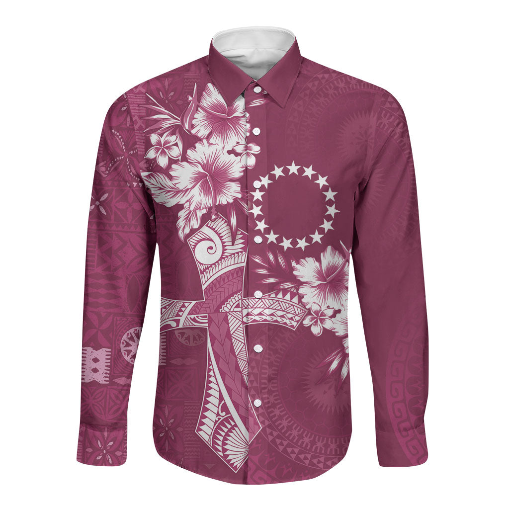 Kia Orana Cook Islands Tapa Floral With Cross Long Sleeve Button Shirt Maroon