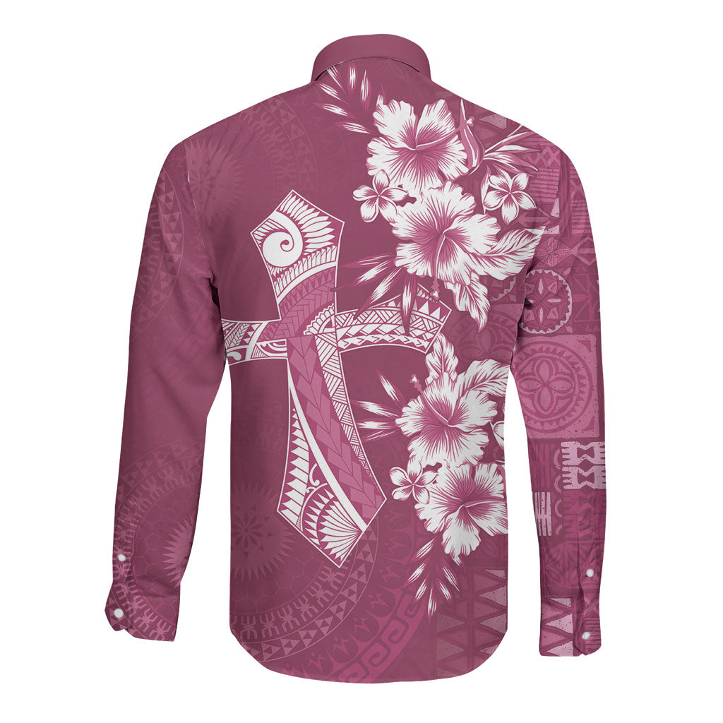 Kia Orana Cook Islands Tapa Floral With Cross Long Sleeve Button Shirt Maroon