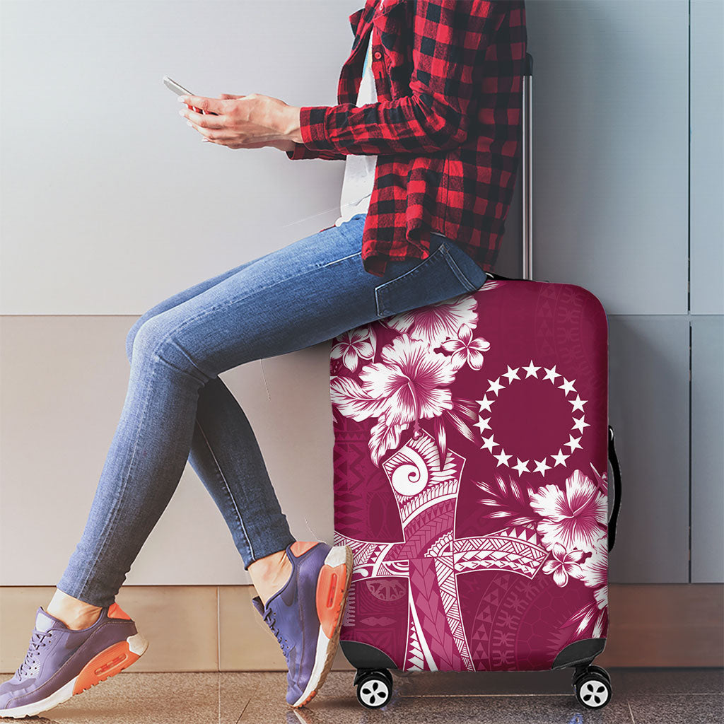 Kia Orana Cook Islands Tapa Floral With Cross Luggage Cover Maroon LT7 - Polynesian Pride