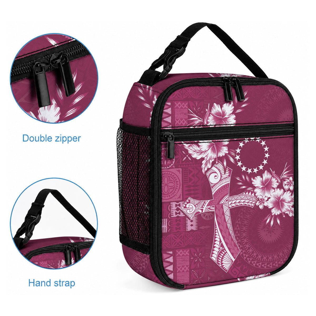 Kia Orana Cook Islands Tapa Floral With Cross Lunch Bag Maroon LT7 - Polynesian Pride