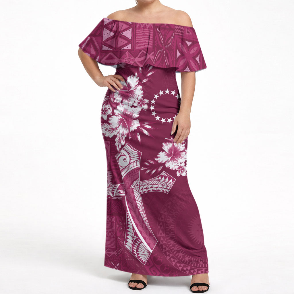 Kia Orana Cook Islands Tapa Floral With Cross Off Shoulder Maxi Dress Maroon LT7 Women Maroon - Polynesian Pride
