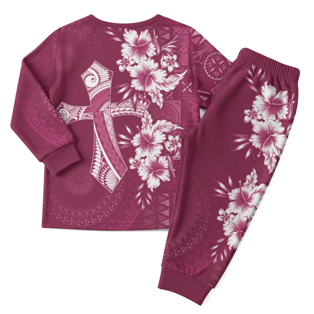 Kia Orana Cook Islands Tapa Floral With Cross Christmas Pajama Set Maroon LT7 - Polynesian Pride