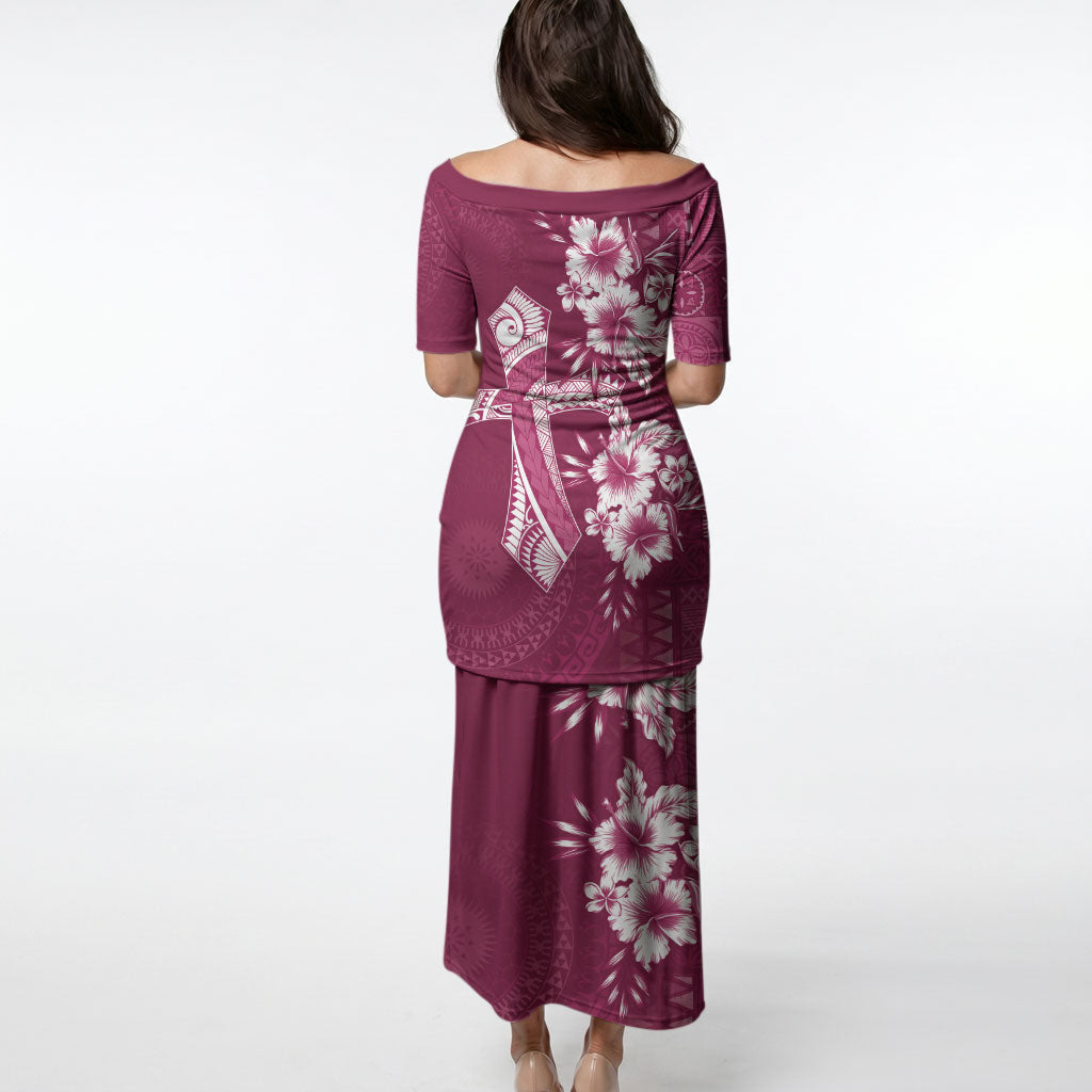Kia Orana Cook Islands Tapa Floral With Cross Puletasi Maroon
