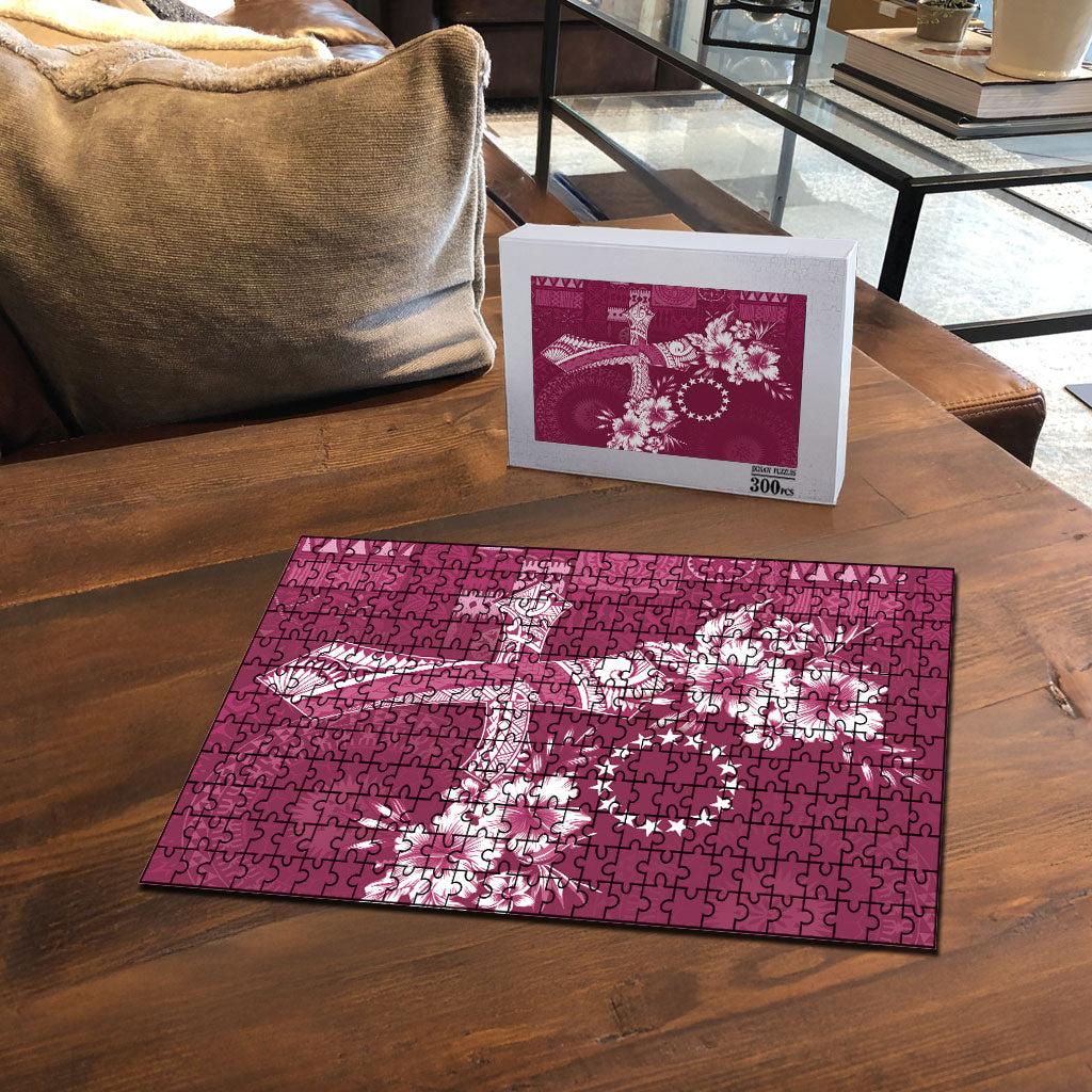 Kia Orana Cook Islands Tapa Floral With Cross Puzzle Maroon