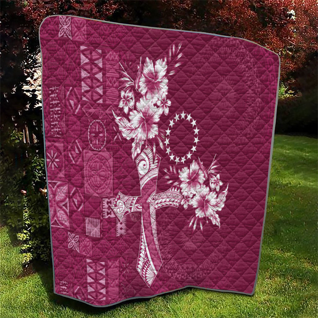 Kia Orana Cook Islands Tapa Floral With Cross Quilt Maroon