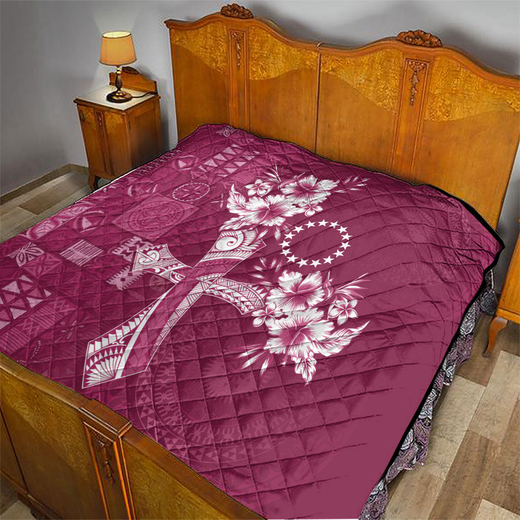 Kia Orana Cook Islands Tapa Floral With Cross Quilt Maroon