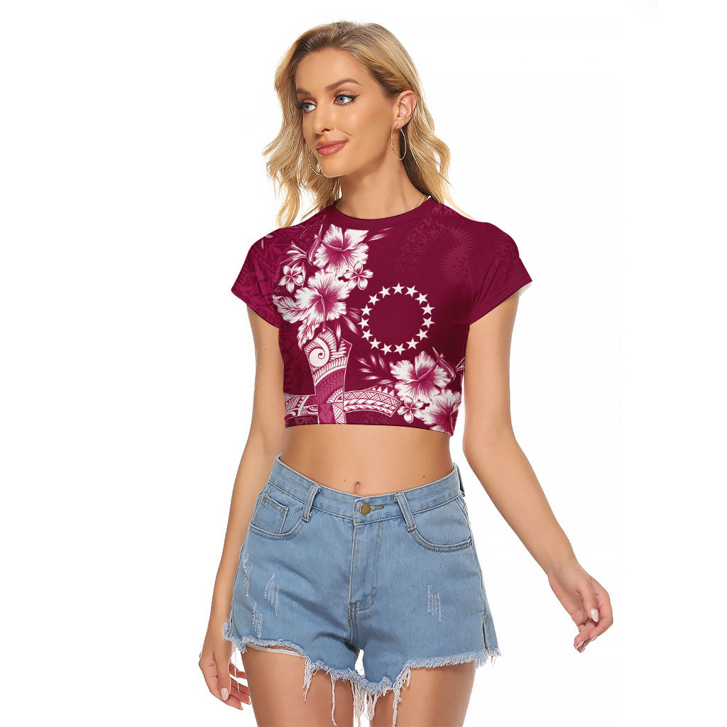 Kia Orana Cook Islands Tapa Floral With Cross Raglan Cropped T Shirt Maroon LT7 Female Maroon - Polynesian Pride