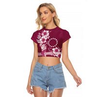 Kia Orana Cook Islands Tapa Floral With Cross Raglan Cropped T Shirt Maroon LT7 Female Maroon - Polynesian Pride