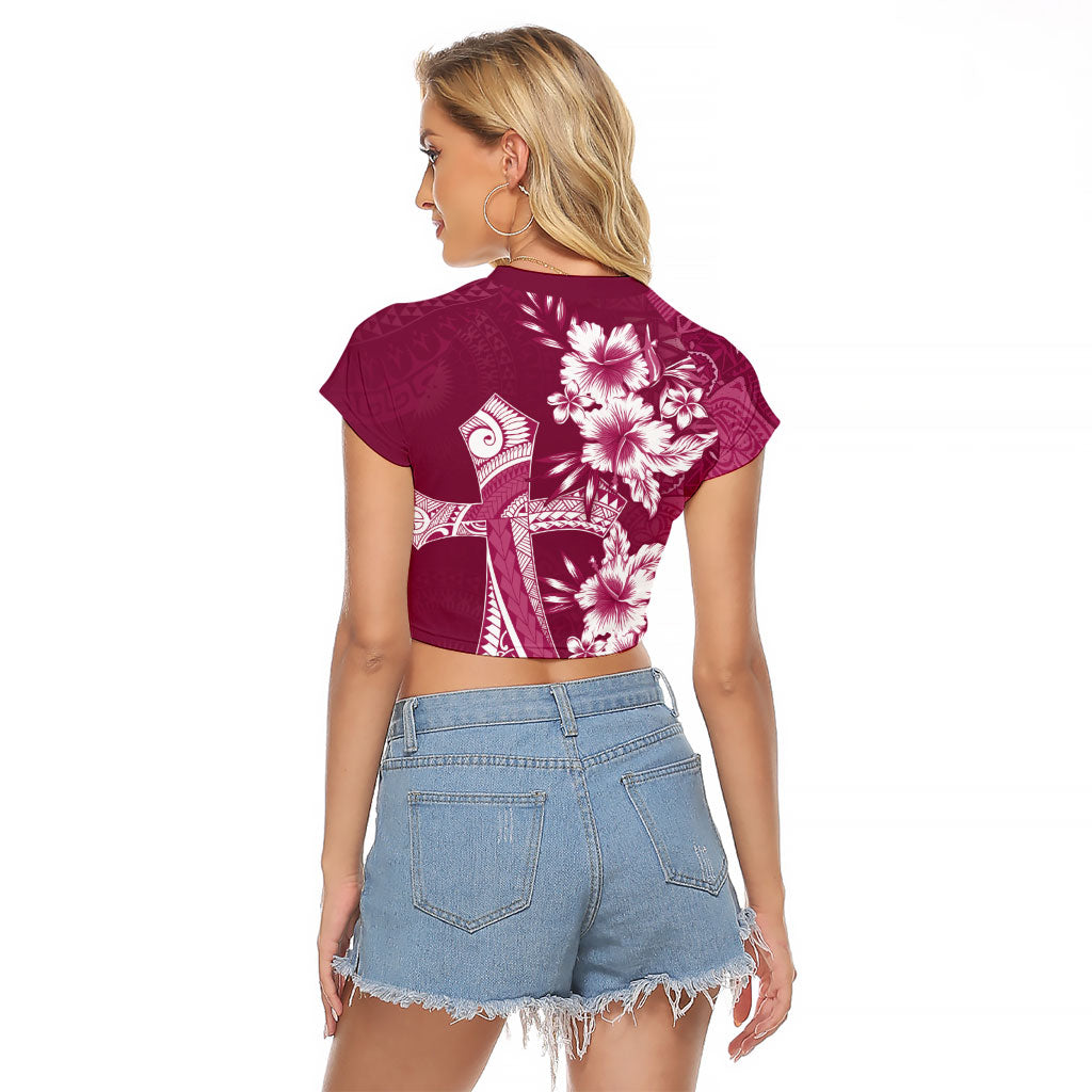 Kia Orana Cook Islands Tapa Floral With Cross Raglan Cropped T Shirt Maroon LT7 - Polynesian Pride