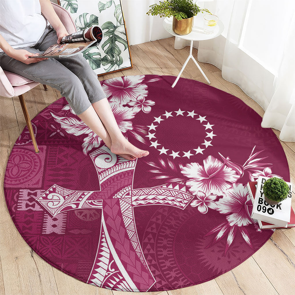Kia Orana Cook Islands Tapa Floral With Cross Round Carpet Maroon LT7 - Polynesian Pride