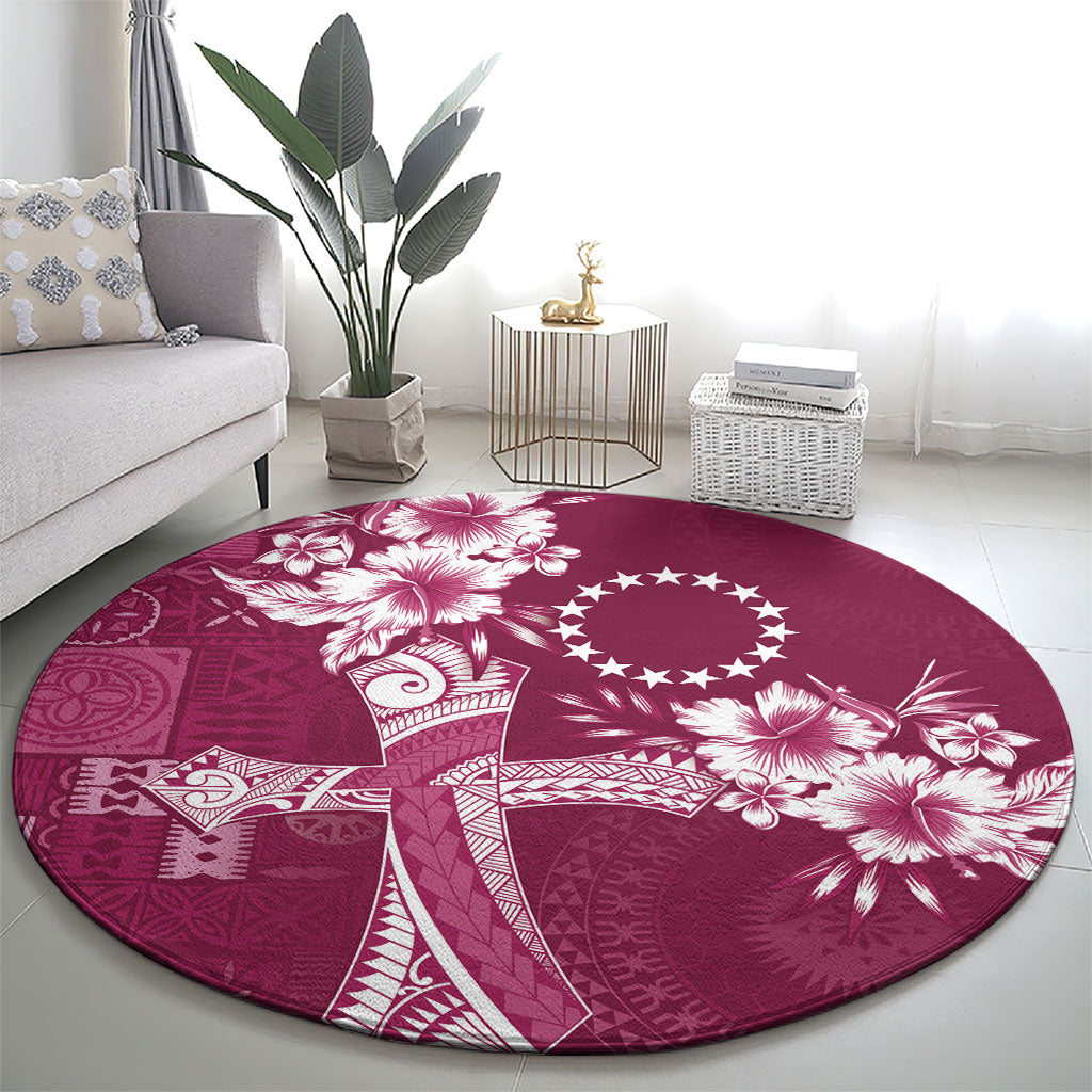 Kia Orana Cook Islands Tapa Floral With Cross Round Carpet Maroon LT7 - Polynesian Pride