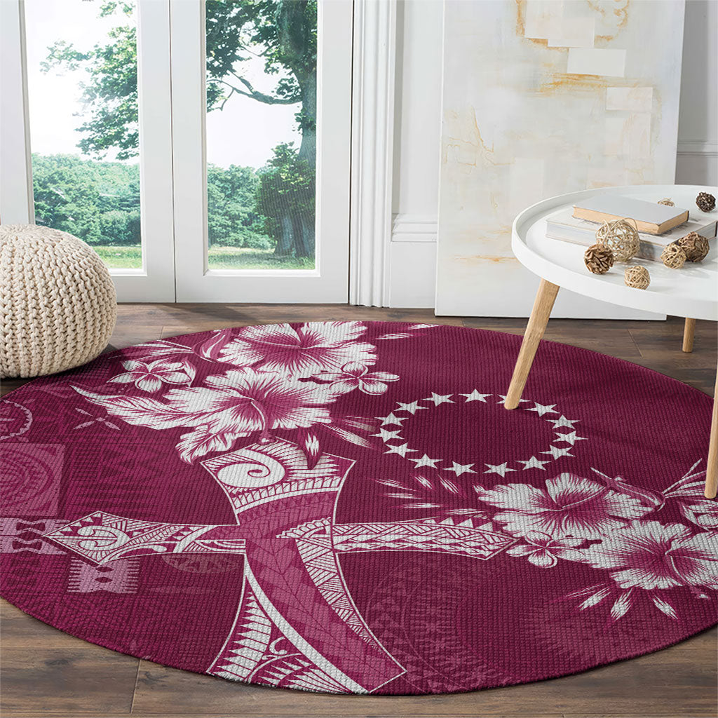 Kia Orana Cook Islands Tapa Floral With Cross Round Carpet Maroon LT7 - Polynesian Pride