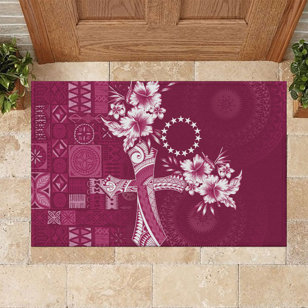 Kia Orana Cook Islands Tapa Floral With Cross Rubber Doormat Maroon LT7 Maroon - Polynesian Pride