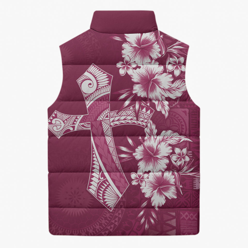 Kia Orana Cook Islands Tapa Floral With Cross Sleeveless Puffer Jacket Maroon LT7 - Polynesian Pride