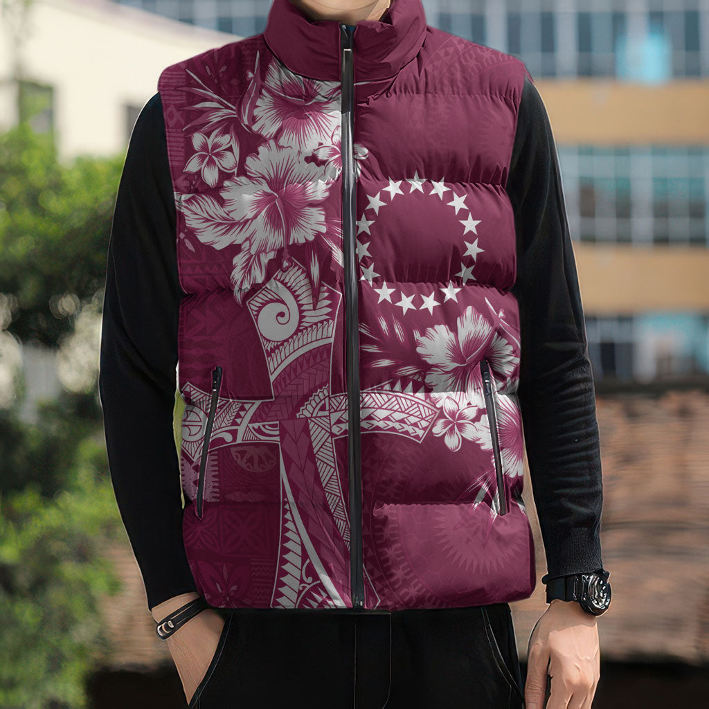 Kia Orana Cook Islands Tapa Floral With Cross Sleeveless Puffer Jacket Maroon LT7 - Polynesian Pride