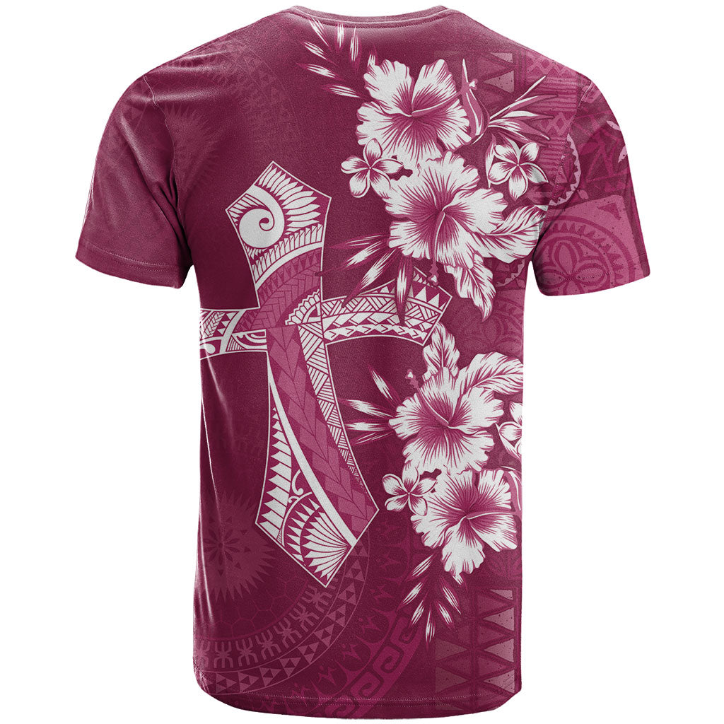 Kia Orana Cook Islands Tapa Floral With Cross T Shirt Maroon LT7 - Polynesian Pride