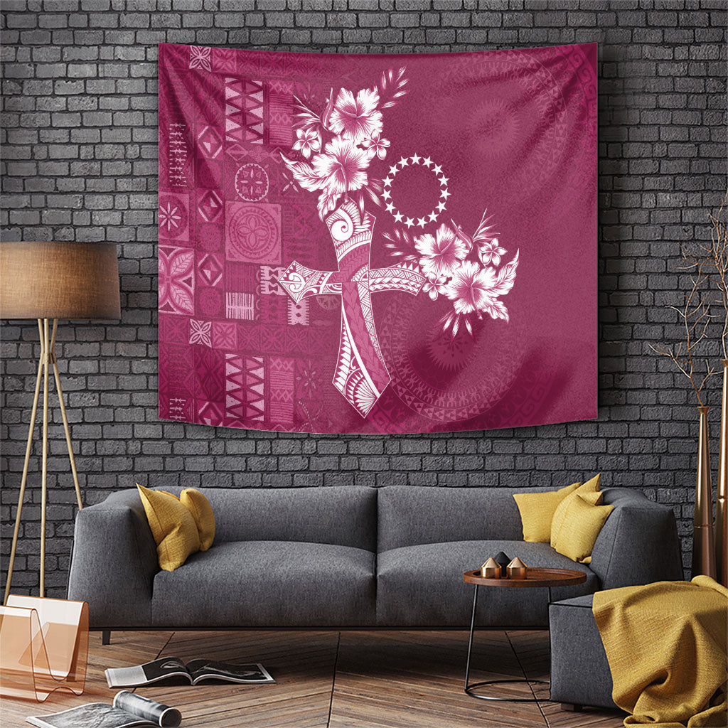Kia Orana Cook Islands Tapa Floral With Cross Tapestry Maroon