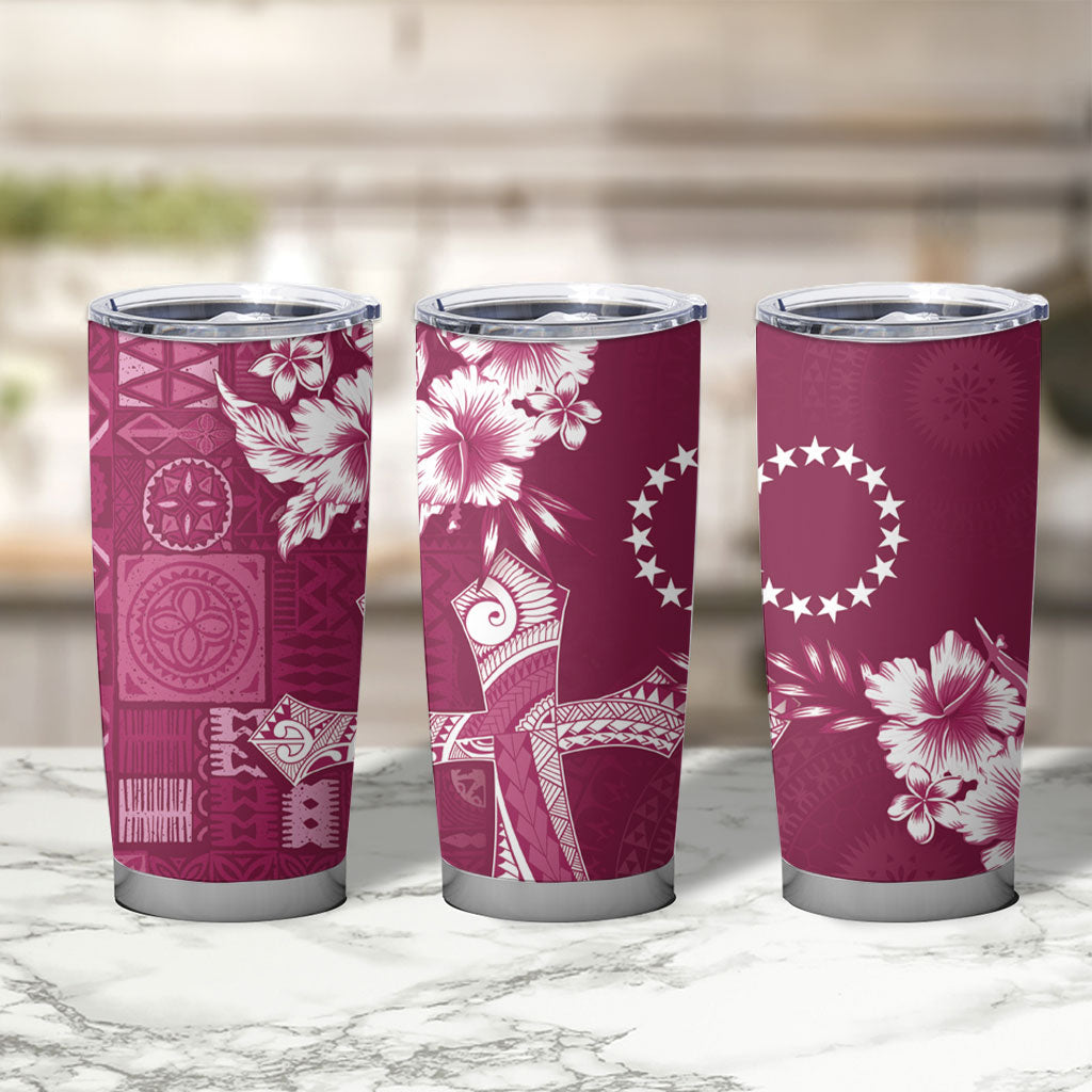 Kia Orana Cook Islands Tapa Floral With Cross Tumbler Cup Maroon LT7 - Polynesian Pride