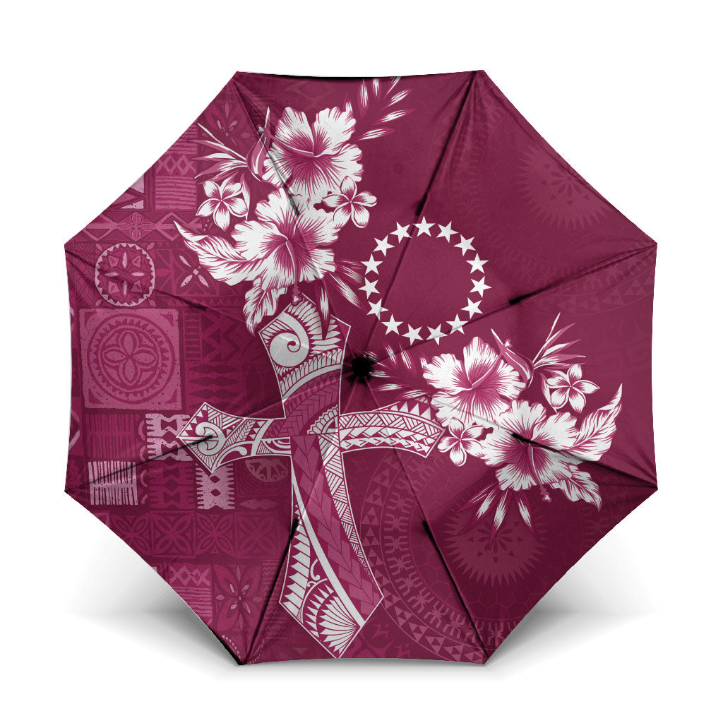 Kia Orana Cook Islands Tapa Floral With Cross Umbrella Maroon